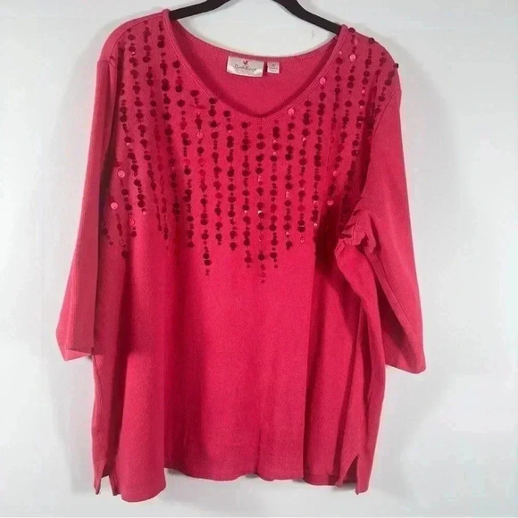 Quacker Factory Pink Ribbed Sequin 3/4 Sleeve Sweater Top Women Size 1X - Picture 1 of 12